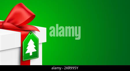 White gift box with Christmas Tree hanging tag, on a green background, realistic vector banner. Stock Vector