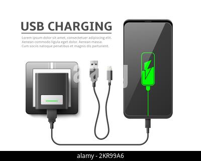 Realistic phone charge process. Smartphone recharging, flexible cable connection, electronic adapter in power socket, isolated 3d phone and usb cable Stock Vector