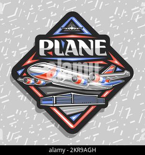 Vector logo for Plane in motion, dark decorative rhombus label with illustration of high speed blue and red plane with four turbine flying on dusk sky Stock Vector