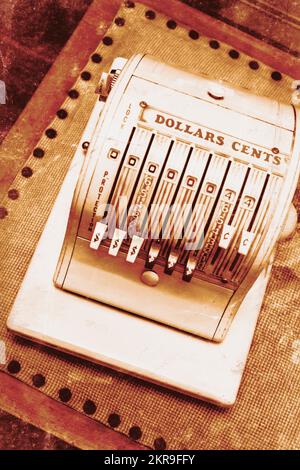 Vintage object photo with texture of a obsolete cash register till in olden day shop. Store details Stock Photo