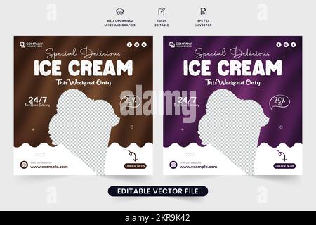 Special chocolate ice cream social media post vector with purple and dark backgrounds. Dessert business advertisement poster design with abstract shap Stock Vector