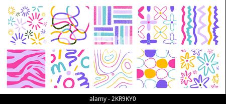 Cute doodle textures. Abstract hipster decorative shapes, creative contemporary patterns, kids colored curves and stripes, scrible flowers. Decor Stock Vector