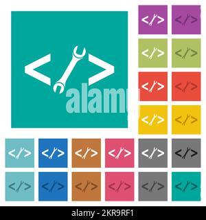 Web development with wrench multi colored flat icons on plain square backgrounds. Included white and darker icon variations for hover or active effect Stock Vector