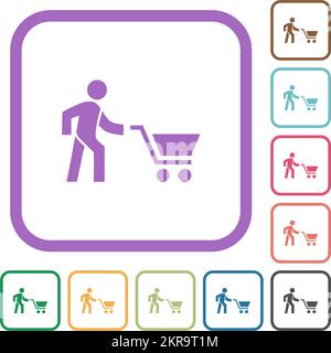 Shopping person with cart simple icons in color rounded square frames on white background Stock Vector