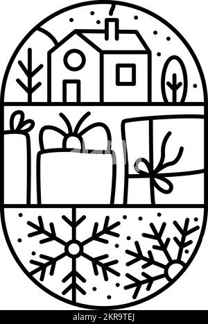 Christmas logo advent composition snowflake, gift boxes, house and trees. Hand drawn monoline winter vector constructor in half round frame and Stock Vector