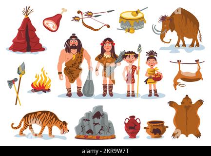 Cartoon stone age elements. Primitive family. Caveman tools or prehistoric humans. Hunting weapon. Wild animals and primeval people. Saber-toothed Stock Vector