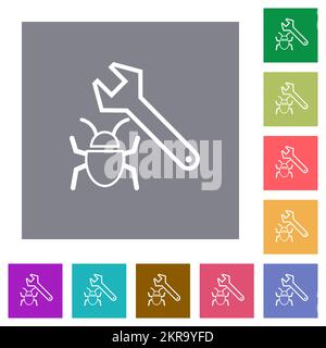Bug fixing outline flat icons on simple color square backgrounds Stock Vector