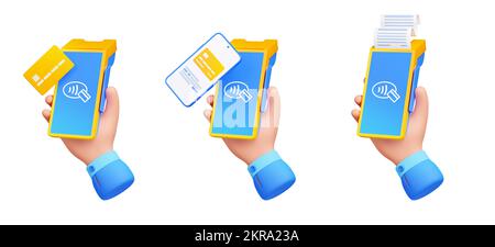 3d render contactless cashless payment with credit cards or mobile phone app. Hands holding Pos terminals, NFC paying technology isolated graphics concept, Illustration in cartoon plastic style Stock Photo