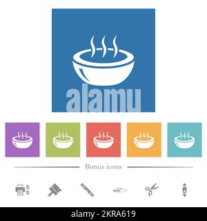 Glossy steaming bowl flat white icons in square backgrounds. 6 bonus icons included. Stock Vector