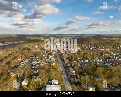 November 20, 2022 Afternoon fall, autumn aerial drone video over the Village of Palmyra New York, USA. Stock Photo