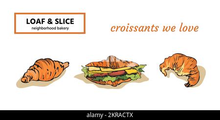 Colored hand drawn croissants, filled and plain Stock Vector