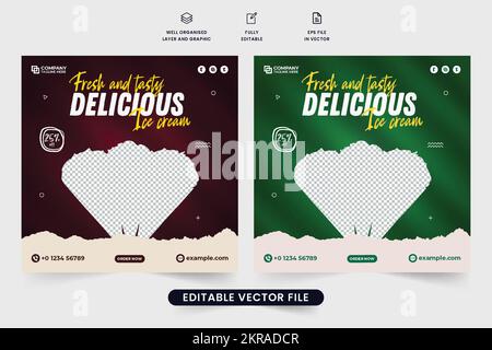 Fresh and tasty ice cream social media post vector with photo placeholders. Sweet dessert promotional web banner design with green and maroon colors. Stock Vector