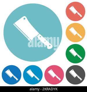 Meat cleaver knife flat white icons on round color backgrounds Stock Vector