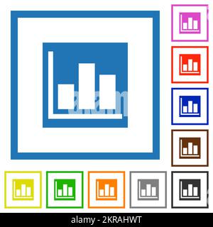 Bar graph statistics solid flat color icons in square frames on white background Stock Vector