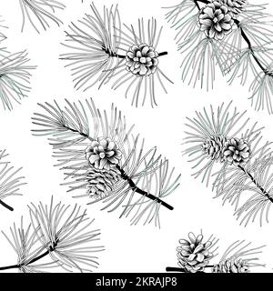 Winter forest seamless pattern with pine branches and cones. Evergreen floral christmas vector illustration. Engraving hand-drawn nature background. Stock Vector