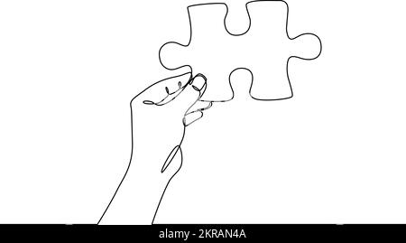Hands holding puzzle parts continuous line vector illustration. Offering solution, consulting, collaboration, solving problems and working together co Stock Vector