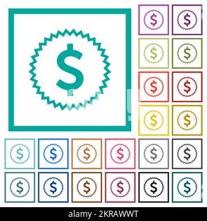 American dollar sticker alternate flat color icons with quadrant frames on white background Stock Vector