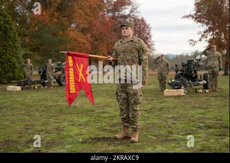 Soldiers of the Bravo Battery, 2nd Battalion, 218th Field Artillery Battalion, Oregon National Guard salute after firing their M119 howitzers at the Linn County Veterans Memorial Service in Albany, Ore. November 11, 2022. Stock Photo