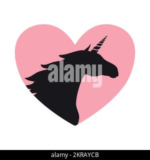 Vector hand drawn flat unicorn head silhouette in pink heart isolated on white background Stock Vector