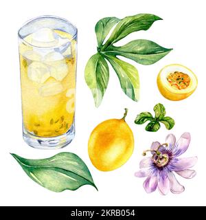 Set of passion fruits. leaves and smoothies watercolor illustration isolated on white. Mixed maracuja drinkin a glass, fruits hand drawn. Design for m Stock Photo