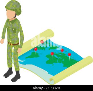 Soldier icon isometric vector. Man soldier on background of world map with pin. Military serviceman, army concept Stock Vector