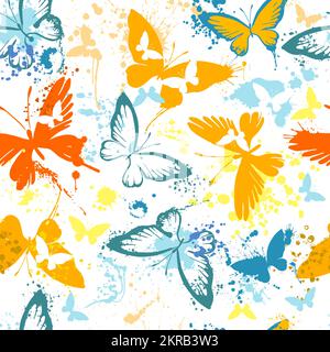 Seamless pattern of butterflies from watercolor blots. Bright watercolor butterflies on white background. Abstract hand-drawn texture. Stock Vector