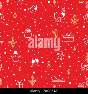 Christmas winter forest snow seamless pattern with holiday icons and New Year Tree, Snow, Deer, Gift, Birds, snowflakes. Happy Winter Holiday Snowfall Stock Vector