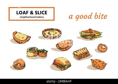 Colored hand drawn ink sketch of baked items Stock Vector