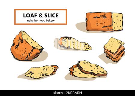 Colored hand drawn sketch, bread loaves, slices Stock Vector
