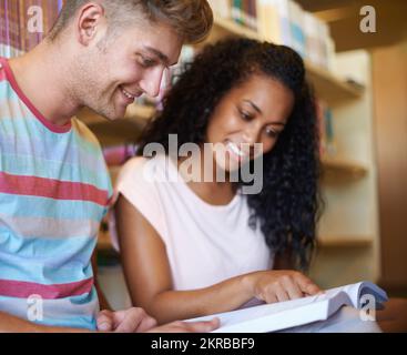 Studying with a partner is always helpful. a two young students studying in the library. Stock Photo