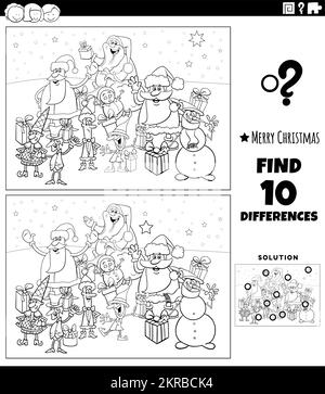 Black and white cartoon illustration of finding differences between pictures educational game with Santa Clauses characters on Christmas time coloring Stock Vector
