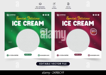 Ice cream sale social media post vector with red and green backgrounds. Simple ice cream promotional web banner design for marketing. Delicious food a Stock Vector