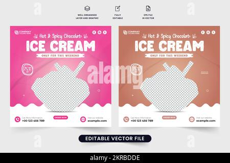 Ice cream discount template design with abstract shapes. Special ice cream sale social media post vector with pink and chocolate colors. Dessert promo Stock Vector