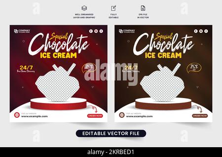 Special chocolate ice cream advertisement web banner design for marketing. Dessert and sweets social media poster vector with dark and yellow colors. Stock Vector