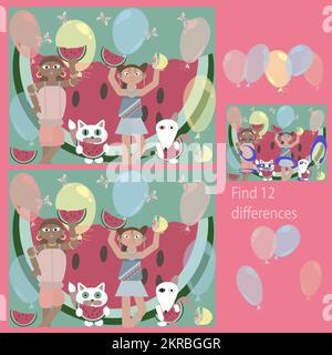 for children under 7 years old, find 12 differences in the Funny BABIES puzzle Stock Vector