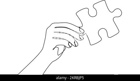 Hands holding puzzle parts continuous line vector illustration. Offering solution, consulting, collaboration, solving problems and working together co Stock Vector