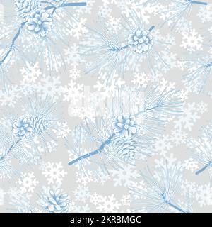 Winter forest seamless pattern with pine branches and cones. Evergreen floral christmas vector illustration. Engraving hand-drawn nature background. Stock Vector