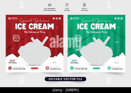 Delicious ice cream sale discount template design for social media promotion. Tasty scoop ice cream advertisement web banner vector with red and green Stock Vector