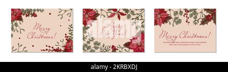 Set of Merry Christmas and Happy New Year horizontal two side greeting cards with hand drawn poinsettia flowers and mistletoe brunch. Stock Vector