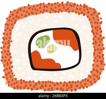 Sushi uramaki in cartoon flat style. Hand drawn Japanese traditional cuisine. Stock Vector