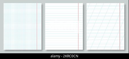 Realistic lined notebook paper sheets blank white flat set. Ruled geometric perfect standard exact pattern horizontal line cage oblique line square note sheet school office layout notepad writing pad Stock Vector