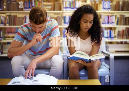 Studying with a partner is always helpful. a two young students studying in the library. Stock Photo
