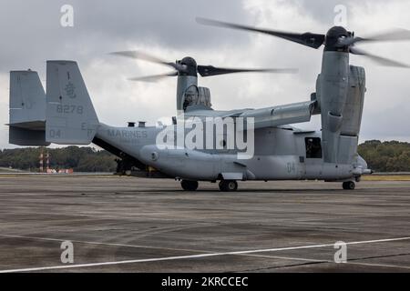 A U.S. Marine Corps MV-22B Osprey assigned to Marine Medium Tiltrotor Squadron (VMM) 265 prepares for takeoff during exercise Keen Sword 23 at Kumamoto airport, Kumamoto, Japan, Nov. 13, 2022.  Keen Sword exercises the combined capabilities and lethality developed between the 1st Marine Aircraft Wing, III Marine Expeditionary Force, and the Japan Self Defense Force (JSDF). This bilateral field-training exercise between the U.S. military and JSDF strengthens interoperability and combat readiness of the U.S.-Japan Alliance. Stock Photo