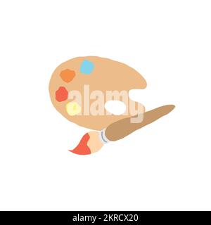 Children book paintbrush and palette clipart. Elementary school painting tool isolated vector illustration, cute brush with paint palette symbol. Stock Vector