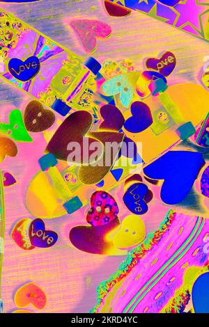 Funky sign of street skate with retro summer skateboard decks tipped in a play of skateboard love.  Heart stack - fallen for sk8 Stock Photo