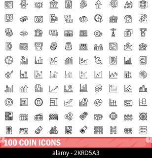 100 coin icons set. Outline illustration of 100 coin icons vector set isolated on white background Stock Vector