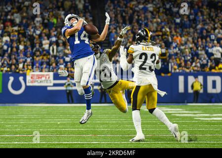 Indianapolis, Indiana, USA. 29th Nov, 2022. November 28th, 2022 Indianapolis Colts wide receiver Alec Pierce (14) jumps to attempt a catch with coverage from Pittsburgh Steelers cornerback Cameron Sutton (20) and Pittsburgh Steelers safety Damontae Kazee (23) during Pittsburgh Steelers vs Indianapolis Colts in Indianapolis, IN. Jake Mysliwczyk/BMR (Credit Image: © Jake Mysliwczyk/BMR via ZUMA Press Wire) Credit: ZUMA Press, Inc./Alamy Live News Stock Photo