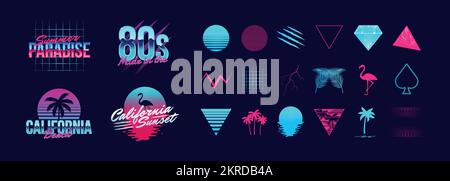 4 Retro neon logo templates and 18 trendy elements to create your own design. Design elements for t-shirt, banner, poster, cover, badge, logo. Stock Vector