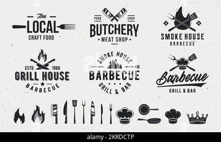 Vintage food logo templates and 14 design elements for restaurant business. Butchery, Barbecue, Cooking Class emblems templates Stock Vector