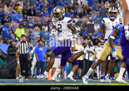 Washington Huskies wide receiver Ja'Lynn Polk (2) during an NCAA football game against the UCLA Bruins, Friday, Sep. 30, 2022, in Pasadena, Calif. The Stock Photo